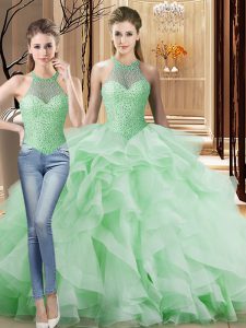Shining Brush Train Two Pieces 15th Birthday Dress Apple Green Halter Top Organza Sleeveless Lace Up