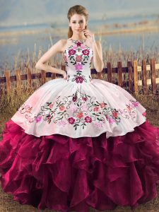 Colorful Floor Length Fuchsia Sweet 16 Dress Organza Sleeveless Embroidery and Ruffles