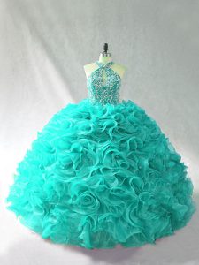 Custom Made Aqua Blue Lace Up Halter Top Beading and Ruffles Sweet 16 Quinceanera Dress Organza Sleeveless Brush Train