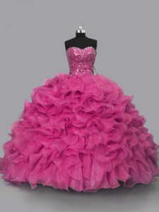 Smart Sleeveless Floor Length Beading Lace Up Quinceanera Dress with Hot Pink