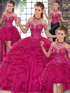 Pretty Fuchsia Sleeveless Tulle Lace Up Sweet 16 Dresses for Military Ball and Sweet 16 and Quinceanera