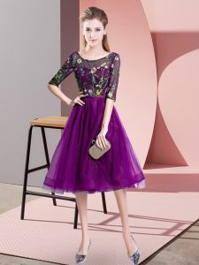 Knee Length Purple Dama Dress for Quinceanera Tulle Half Sleeves Embroidery