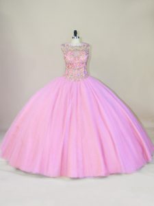 Spectacular Scoop Sleeveless Tulle Quinceanera Gowns Beading Lace Up