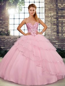 Delicate Baby Pink Ball Gowns Beading and Ruffled Layers 15th Birthday Dress Lace Up Tulle Sleeveless