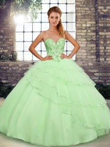 Great Yellow Green Sleeveless Beading and Ruffled Layers Lace Up Quinceanera Gown