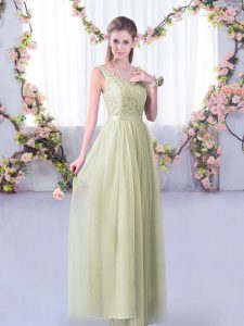 Superior Floor Length Yellow Green Court Dresses for Sweet 16 V-neck Sleeveless Side Zipper