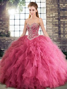 Beading and Ruffles 15 Quinceanera Dress Watermelon Red Lace Up Sleeveless Floor Length