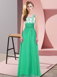 Turquoise Chiffon Backless Scoop Sleeveless Floor Length Quinceanera Dama Dress Appliques