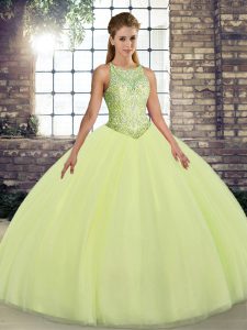 Latest Yellow Green Ball Gowns Tulle Scoop Sleeveless Embroidery Floor Length Lace Up Quinceanera Gowns