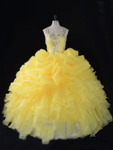 Fashion Yellow Straps Zipper Beading and Ruffles and Pick Ups Sweet 16 Dresses Sleeveless