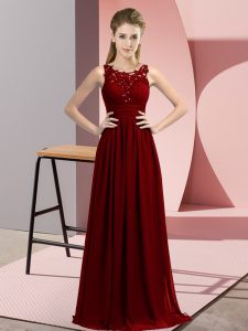 Burgundy Empire Chiffon Scoop Sleeveless Beading and Appliques Floor Length Zipper Quinceanera Court of Honor Dress