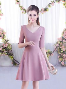 Customized Pink Dama Dress Wedding Party with Ruching V-neck Half Sleeves Zipper