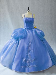 Exquisite Blue Ball Gowns Organza Straps Sleeveless Appliques Floor Length Lace Up Quince Ball Gowns