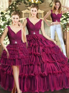 Best Burgundy Ball Gowns V-neck Sleeveless Organza Floor Length Backless Ruffled Layers Ball Gown Prom Dress