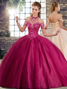 Fine Fuchsia Halter Top Neckline Beading Quinceanera Gowns Sleeveless Lace Up