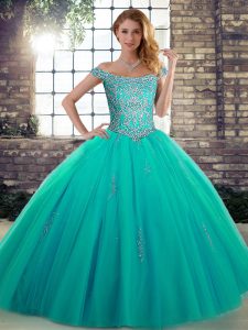 Off The Shoulder Sleeveless Ball Gown Prom Dress Floor Length Beading Turquoise Tulle