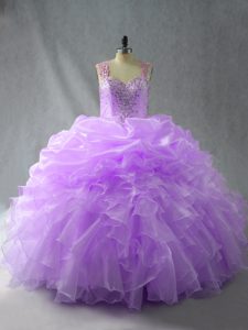 Best Selling Sleeveless Floor Length Beading and Ruffles Zipper Sweet 16 Dresses with Lavender