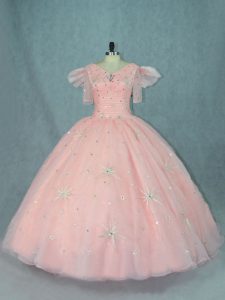 Peach Ball Gowns V-neck Short Sleeves Organza Floor Length Zipper Beading Sweet 16 Quinceanera Dress