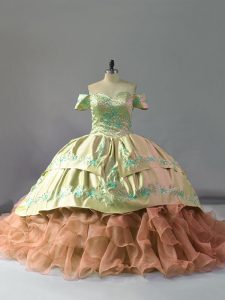 Multi-color Sleeveless Chapel Train Embroidery and Ruffles Quinceanera Dress