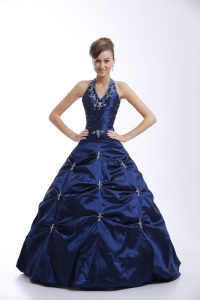 Noble Royal Blue 15 Quinceanera Dress For with Embroidery and Pick Ups Halter Top Sleeveless Lace Up