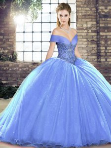 Lavender Sweet 16 Quinceanera Dress Military Ball and Sweet 16 and Quinceanera with Beading Off The Shoulder Sleeveless Brush Train Lace Up