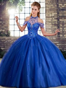 Deluxe Halter Top Sleeveless Quinceanera Gowns Brush Train Beading Royal Blue Tulle