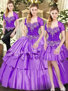Spectacular Floor Length Three Pieces Sleeveless Lavender Quinceanera Dress Lace Up