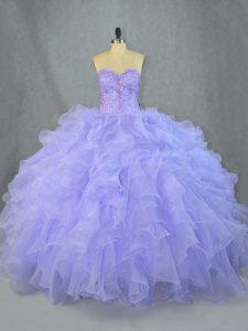 Beautiful Lavender Sweetheart Neckline Beading and Ruffles Ball Gown Prom Dress Sleeveless Lace Up
