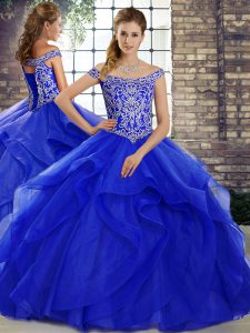 Royal Blue Ball Gowns Tulle Off The Shoulder Sleeveless Beading and Ruffles Lace Up Quinceanera Dresses Brush Train