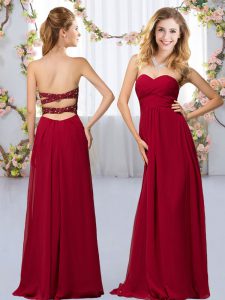Glittering Floor Length Wine Red Dama Dress for Quinceanera Sweetheart Sleeveless Criss Cross