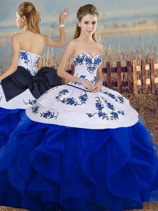 High Quality Embroidery and Ruffles and Bowknot Quince Ball Gowns Royal Blue Lace Up Sleeveless Floor Length