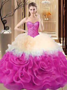 Attractive Sweetheart Sleeveless Quinceanera Gowns Floor Length Beading and Ruffles Multi-color Fabric With Rolling Flowers