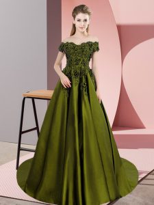Flare Sleeveless Floor Length Lace Zipper Quince Ball Gowns with Olive Green