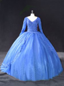 Blue Ball Gowns V-neck Long Sleeves Tulle Floor Length Lace Up Lace and Appliques 15 Quinceanera Dress