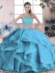 Unique Floor Length Blue Sweet 16 Quinceanera Dress Scoop Sleeveless Lace Up