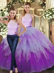 Classical Multi-color Two Pieces High-neck Sleeveless Organza Floor Length Backless Ruffles Sweet 16 Quinceanera Dress