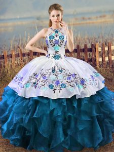 Inexpensive Halter Top Sleeveless Lace Up Quinceanera Gown Blue And White Organza