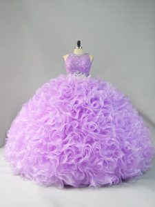 Flare Lavender Sleeveless Floor Length Beading and Ruffles Zipper Ball Gown Prom Dress