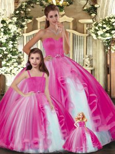 Hot Sale Sweetheart Sleeveless Lace Up Quince Ball Gowns Hot Pink Tulle