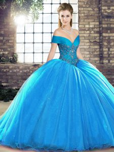 Customized Ball Gowns Sleeveless Blue 15th Birthday Dress Brush Train Lace Up