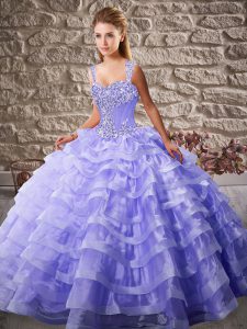 Wonderful Lavender Lace Up 15 Quinceanera Dress Beading and Ruffled Layers Sleeveless Court Train