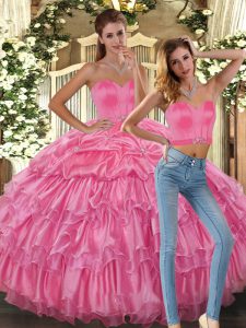 On Sale Pink Organza Lace Up Sweetheart Sleeveless Asymmetrical Quinceanera Dresses Beading and Ruffles and Pick Ups