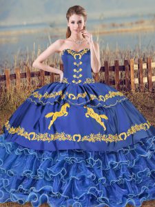Eye-catching Blue Ball Gowns Embroidery and Ruffled Layers 15th Birthday Dress Lace Up Organza Sleeveless
