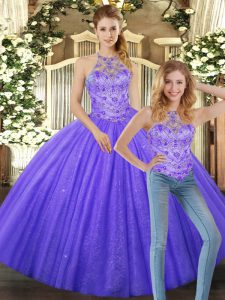 Two Pieces Vestidos de Quinceanera Lavender Halter Top Tulle Sleeveless Floor Length Lace Up