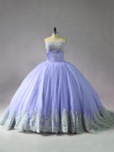 Sleeveless Tulle Court Train Lace Up 15th Birthday Dress in Lavender with Appliques