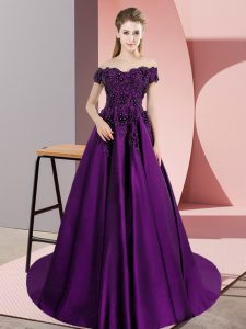 Affordable A-line Sleeveless Eggplant Purple Ball Gown Prom Dress Court Train Zipper