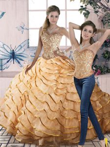 Gold Two Pieces Organza Sweetheart Sleeveless Beading and Ruffled Layers Lace Up Quinceanera Dresses Brush Train