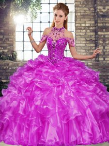 Purple Ball Gowns Organza Halter Top Sleeveless Beading and Ruffles Floor Length Lace Up Sweet 16 Dresses