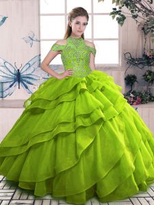 Classical High-neck Sleeveless Quinceanera Dresses Floor Length Beading and Ruffled Layers Olive Green Organza