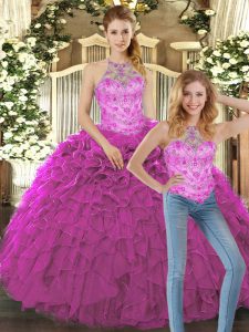 Best Selling Fuchsia Two Pieces Organza Halter Top Sleeveless Beading and Ruffles Floor Length Lace Up Sweet 16 Dresses